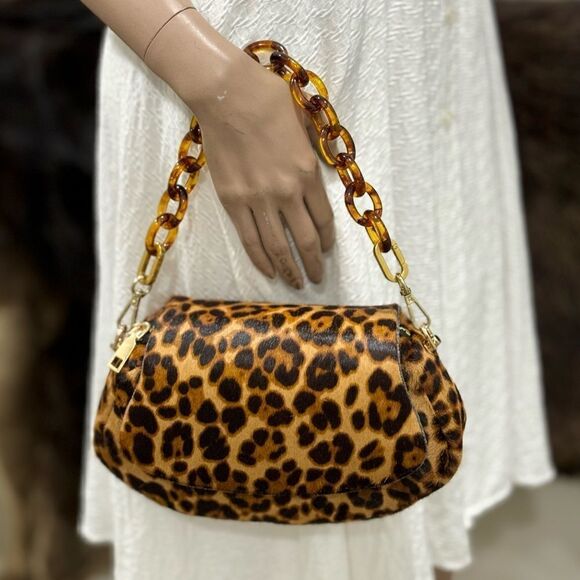 Leopard Print Handmade Real Hair-on Horsehide Fold Over Flap Bag/Crossbody - Picture 1 of 16